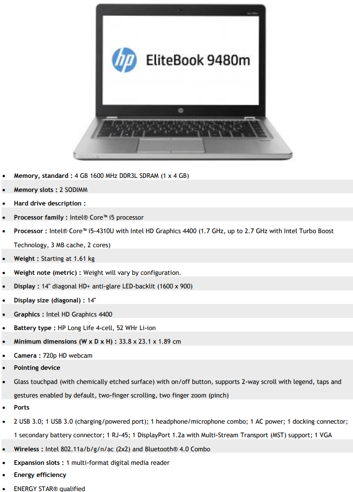 HP i5 laptop EliteBook Folio 9480m i5 4gen 14in laptop